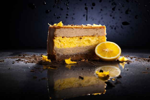 a slice of cake with a lemon slice on a reflective surface