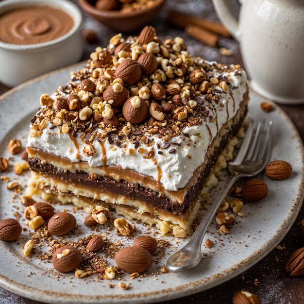 a slice of cake with nuts on it and a fork