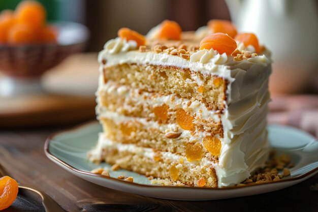 a slice of cake with orange frosting and a slice of cake on a plate