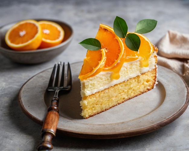 Photo a slice of cake with orange slices on a plate with a fork and a fork