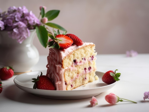 Slice of a cake with pink frosting and strawberries generative ai