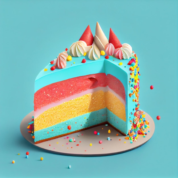 A slice of cake with rainbow icing on it