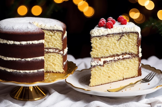 A slice of cake with raspberries on it