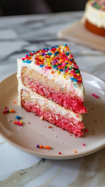 A slice of cake with sprinkles on top