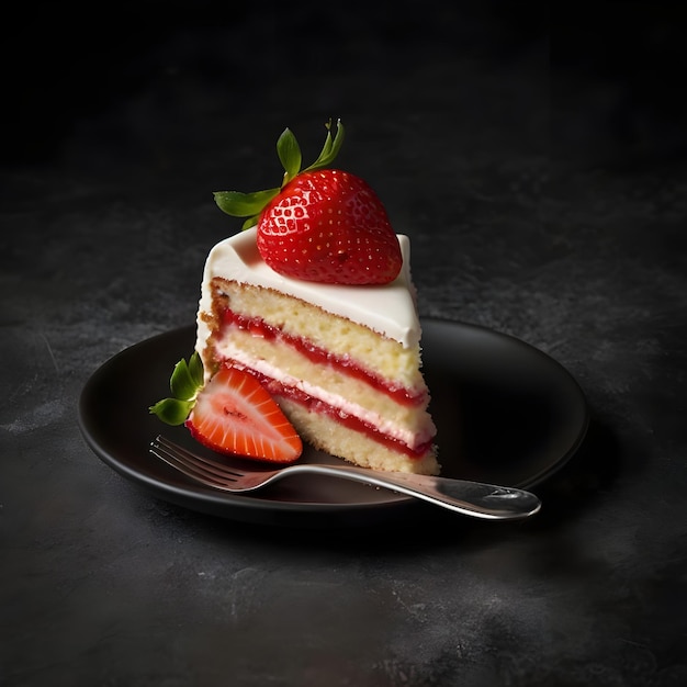 a slice of cake with strawberries on a plate with a spoon