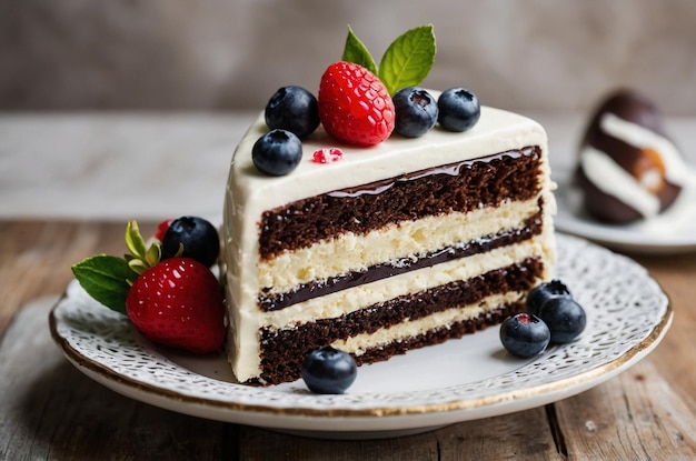 Photo a slice of cake with a strawberry and blueberries on the top