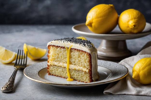 Photo a slice of cake with a yellow icing on it