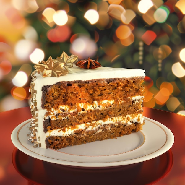 A slice of carrot cake with a star on top is on a white plate