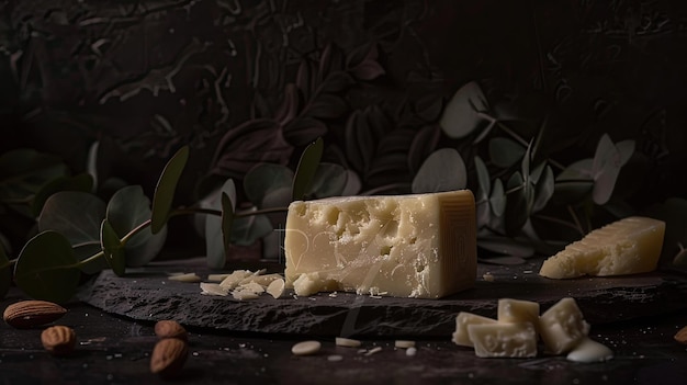 Photo a slice of cheddar cheese placed on a slate plate surrounded by white chocolate and raw almonds against a moody dark grey backdrop with eucalyptus leaves adding a touch of freshness