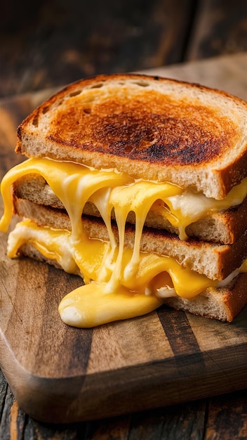 A slice of cheese and bread sandwich with melted cheese oozing out of it