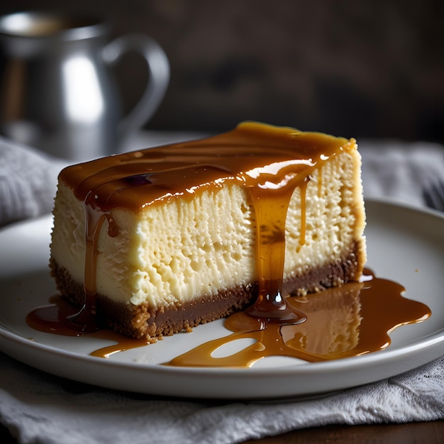 a slice of cheese cake with caramel sauce on it