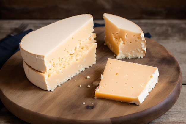 A slice of cheese on a wooden board with a blue handle.