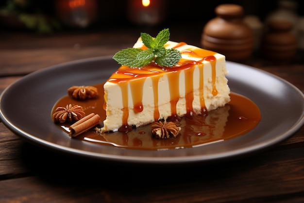 a slice of cheesecake on a plate with caramel sauce and cinnamon sticks high quality