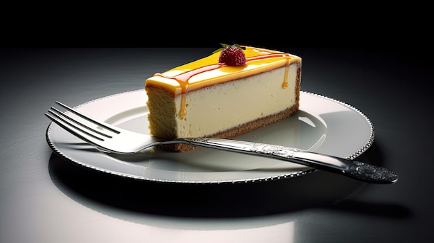 a slice of cheesecake on a plate with a fork