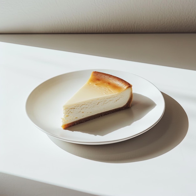 Photo slice of cheesecake on a white plate food design style natural ecofriendly studio photography