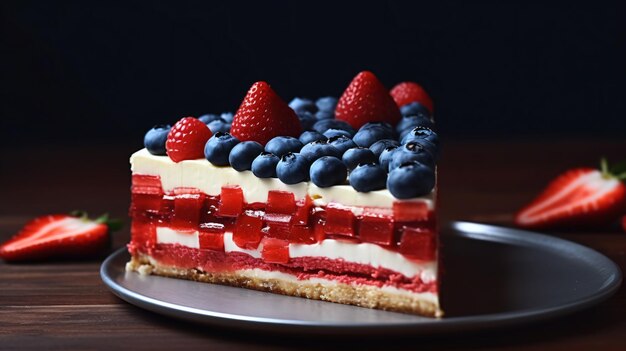 a slice of cheesecake with berries on it sits on a plate