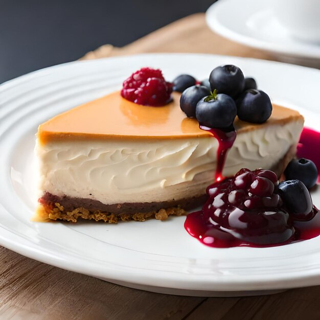 A slice of cheesecake with berries on a plate.