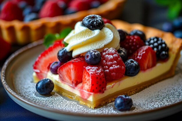 Slice of cheesecake with berries on top and whipped cream