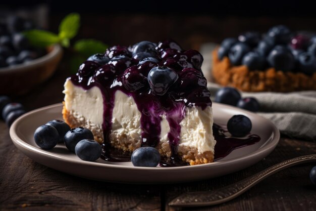 A slice of cheesecake with blueberries on top