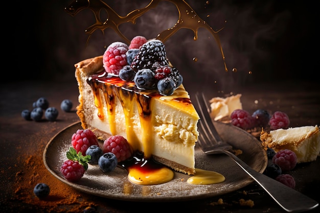 A slice of cheesecake with a chocolate sauce and berries on top.