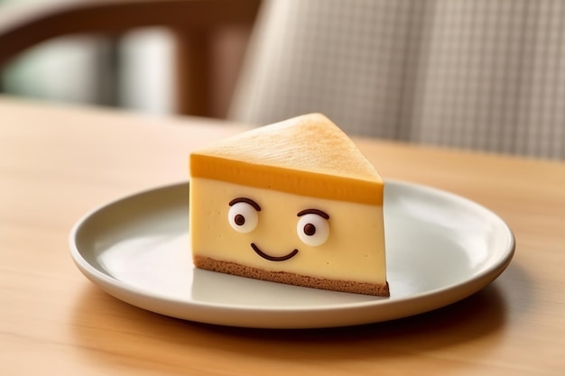 A slice of cheesecake with a cute daydreaming face