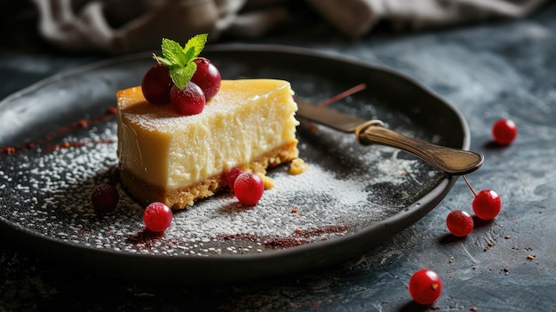 Photo slice of cheesecake with fresh berries on a dark plate dusted with powdered sugar elegant dessert