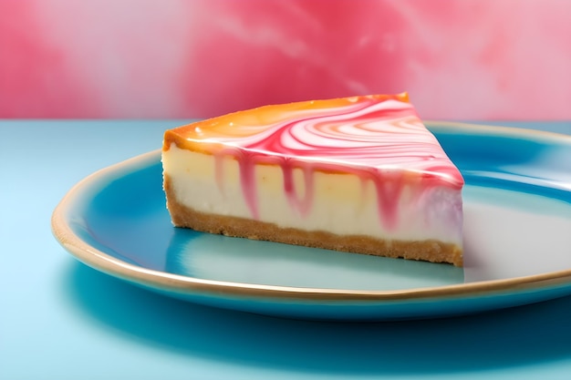 A slice of cheesecake with pink and white icing.