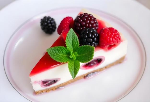 Photo a slice of cheesecake with raspberries and raspberries on a plate