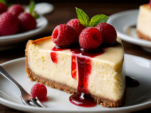 A slice of cheesecake with raspberries and a spoon on a plate