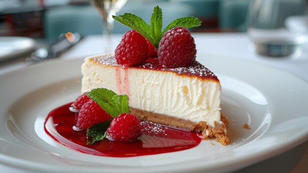 A slice of cheesecake with raspberries on top The dessert is served on a white plate