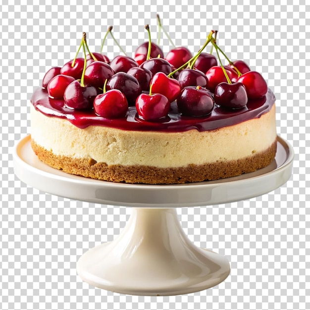 A slice of cherry cheesecake on a white plate on transparent background