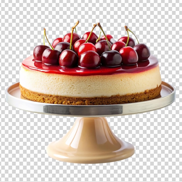 A slice of cherry cheesecake on a white plate on transparent background