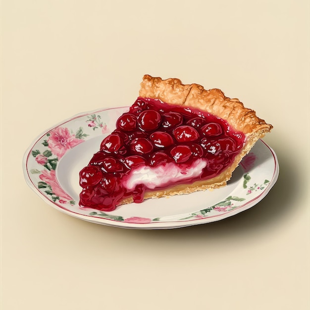 A slice of cherry pie on a floral plate showcasing dessert aesthetics