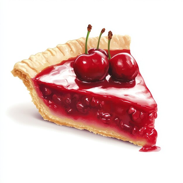 A slice of cherry pie with a glossy filling and two cherries on top