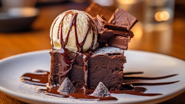 A slice of chocolate cake an ice cream ball and a hot chocolate brownie treat GENERATE AI