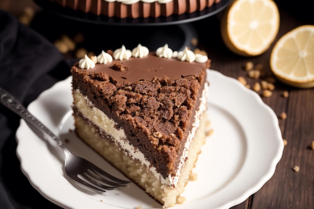 A slice of chocolate cake on a plate with a fork.