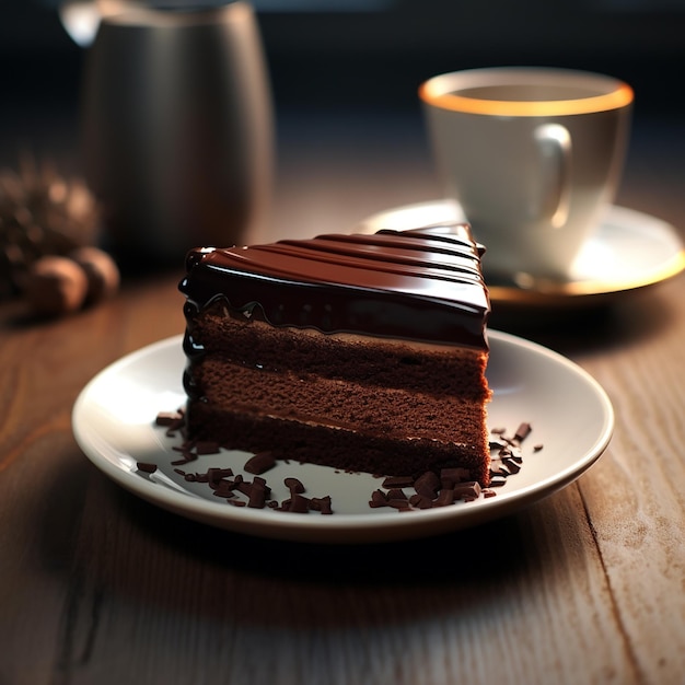 a slice of chocolate cake sits on a plate next to a cup of coffee