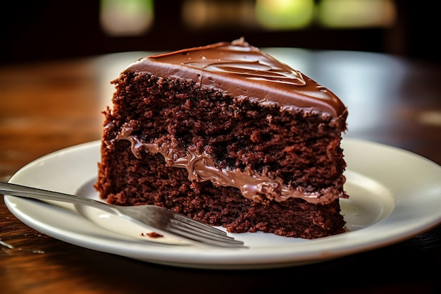 Slice of chocolate cake on white plate