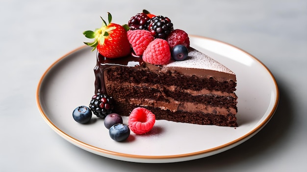 A slice of chocolate cake with berries on a plate.