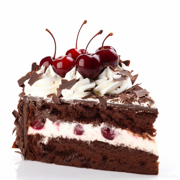 A slice of chocolate cake with cherries on top