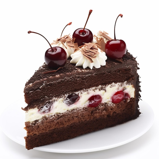 A slice of chocolate cake with cherries on top