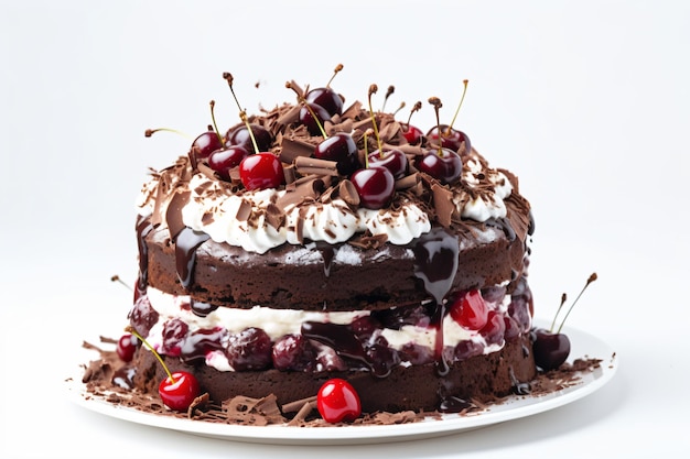 A slice of chocolate cake with cherries on top