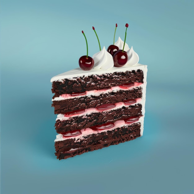 A slice of chocolate cake with cherry filling topped with whipped cream and cherries