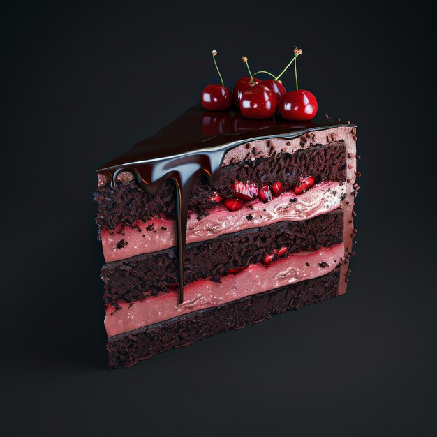 A slice of chocolate cake with cherry topping and chocolate drizzle