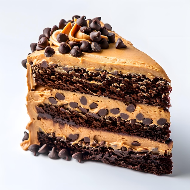 a slice of chocolate cake with chocolate chips on top