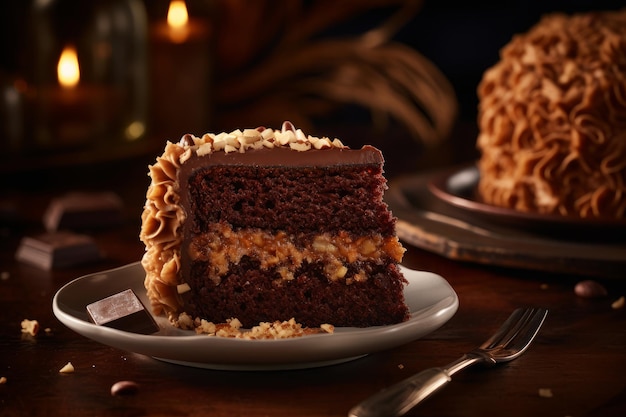 A slice of chocolate cake with a chocolate frosting on top.