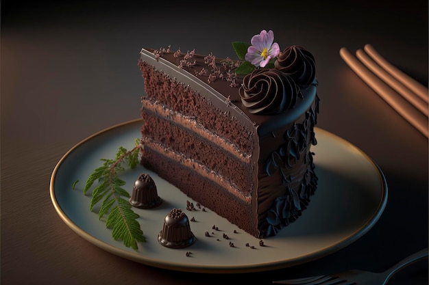 a slice of chocolate cake with chocolate frosting