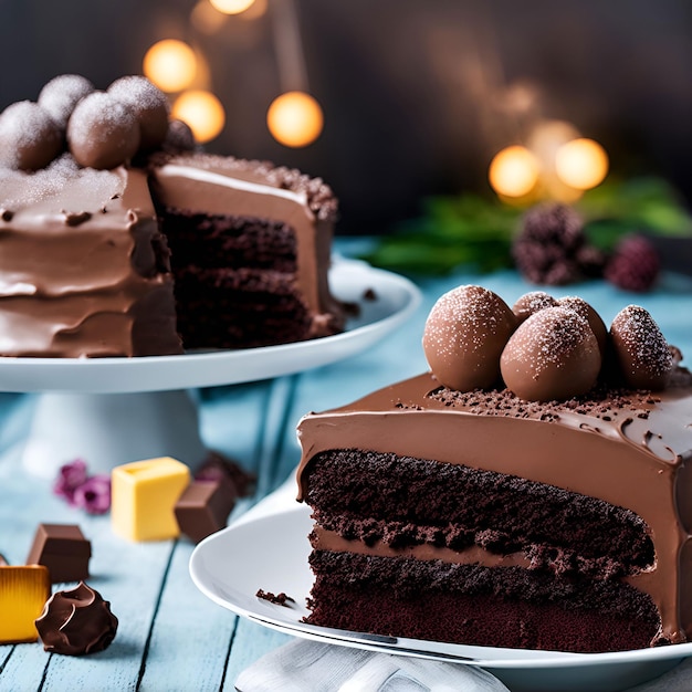 A slice of chocolate cake with chocolate icing and a chocolate cake on top.