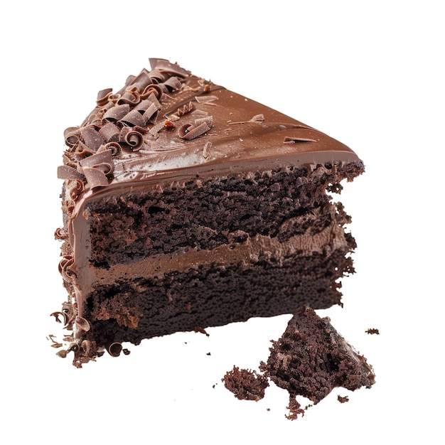 A slice of chocolate cake with frosting and chocolate shavings