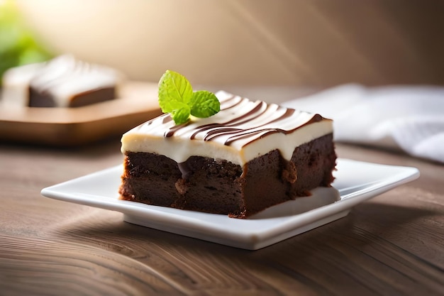 A slice of chocolate cake with a mint leaf on the top.